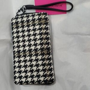 Betsey Johnson black white gold foil thread‎ houndstooth wallet clutch new